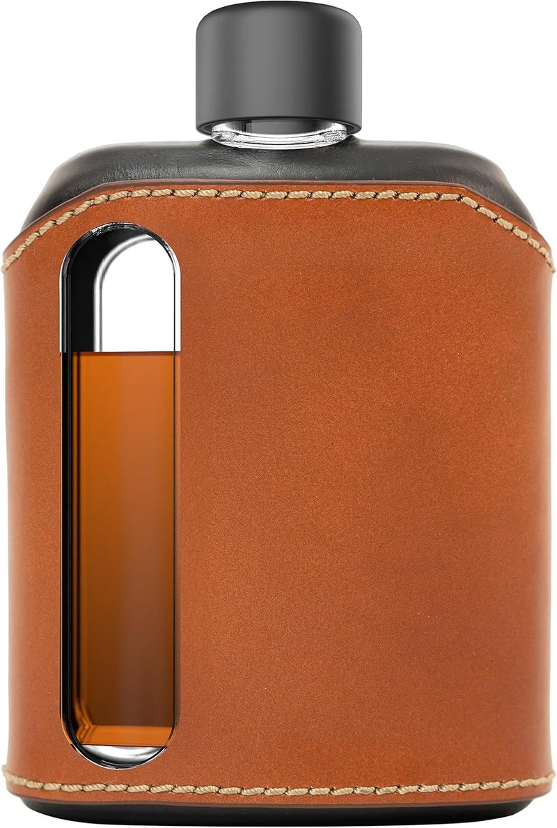 Ragproper Modern Glass Hip Flask - Durable Leather Covered Flask for Whiskey, Spirits, & Other Liquor - Ideal Glass Flask for Men & Women (Double Shot 240ml, Leather, Black & Tan) - Image 1